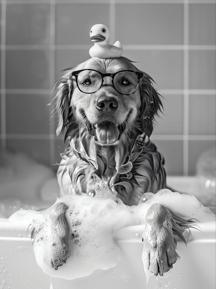 Golden Retriever Bath Wall Art, Dog In Bubble Bath Tub, Black And White Print, Dog Owner Gift, Funny Dog Poster, Bathroom Wall Decor