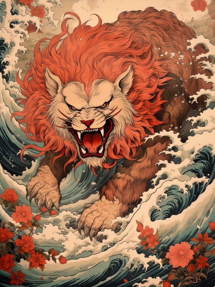 Lion Animal Drawing In The Style Of Ukiyo E 1