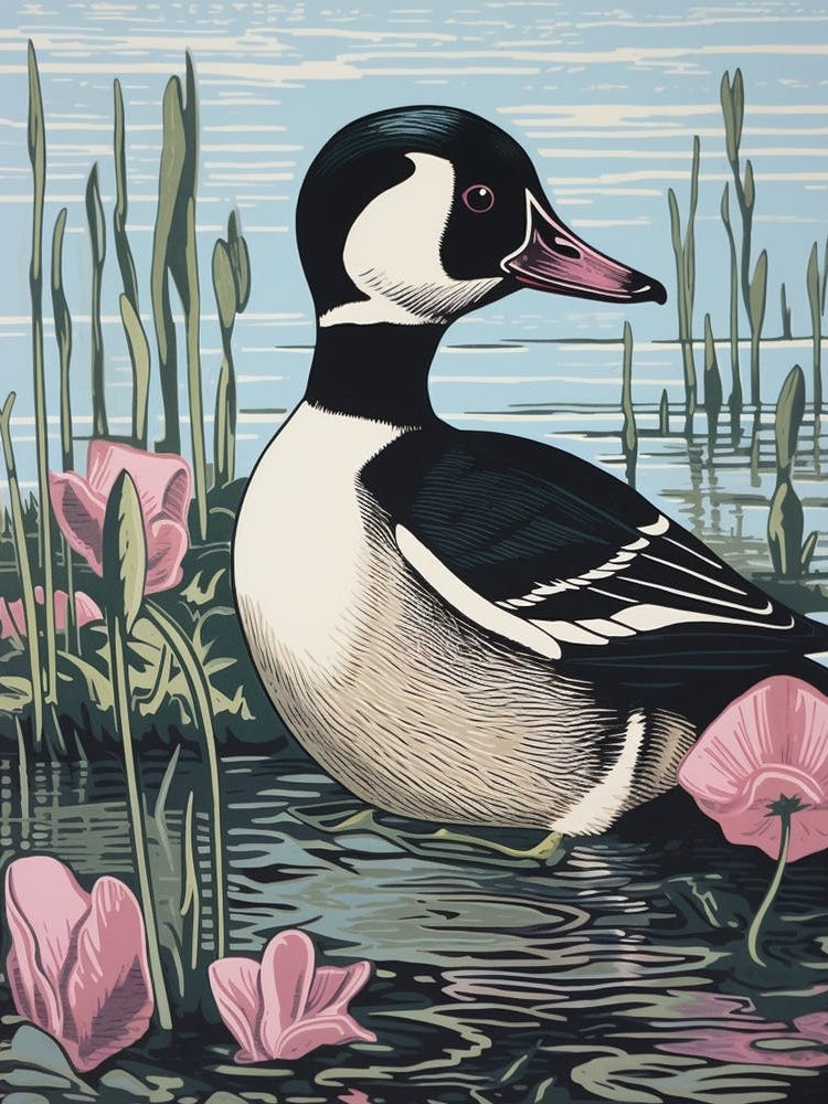 Vintage Bird Linocut Bufflehead 1