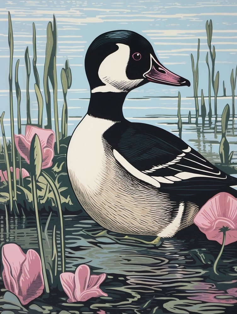 Vintage Bird Linocut Bufflehead 1