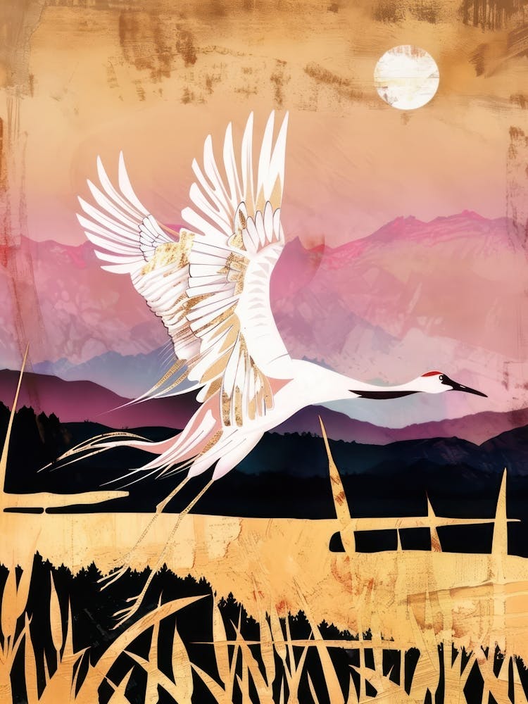 Cranes Painting Gold Red Effect Collage 3