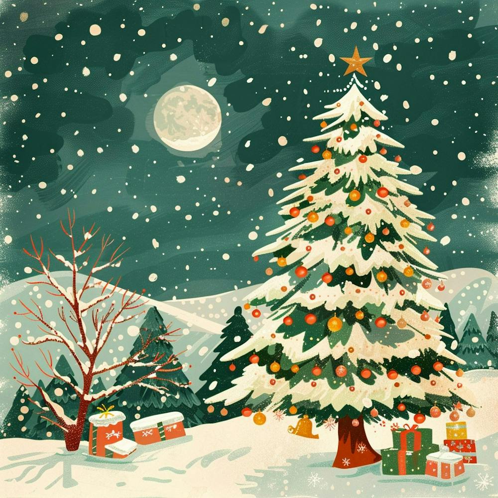 Christmas Banner Texture With A Snowy Christmas Tree and Gifts