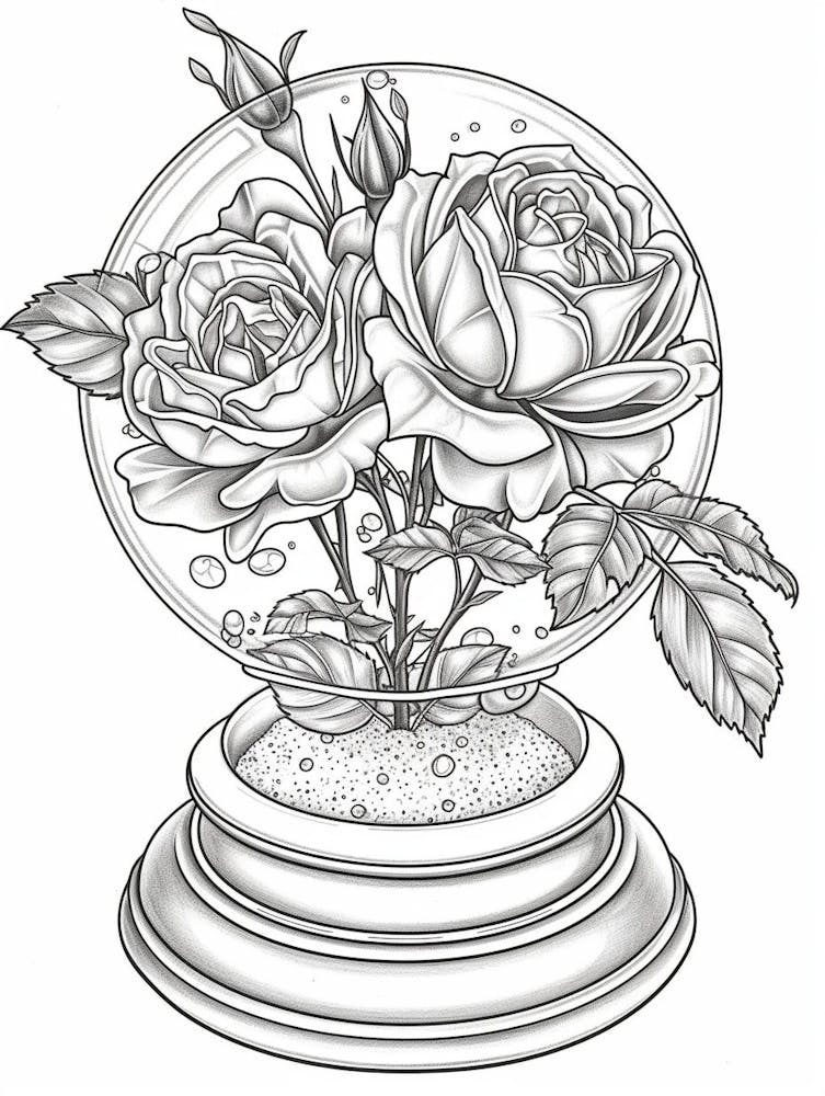 Rose In A Snow Globe Line Drawing 4