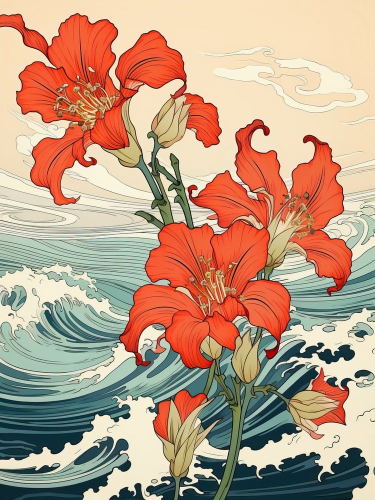 Great Wave With Amaryllis Flower Drawing In The Style Of Ukiyo E 2