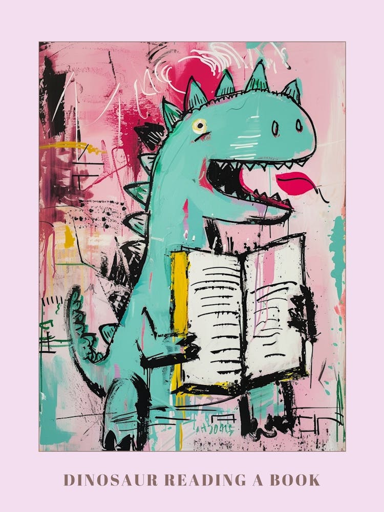 Dinosaur Reading A Book Pink Blue Graffiti Brushstroke 3 Poster