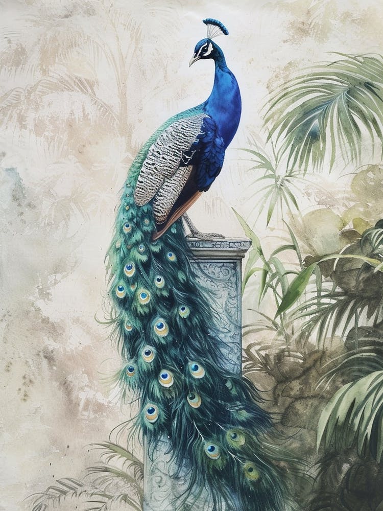 Peacock With Tropical Leaves Watercolour