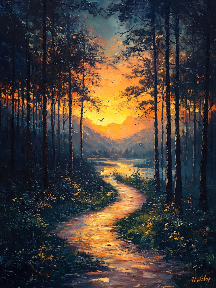 Sunset In The Woods, Impressionist Oil Painting – Inspired by van Gogh