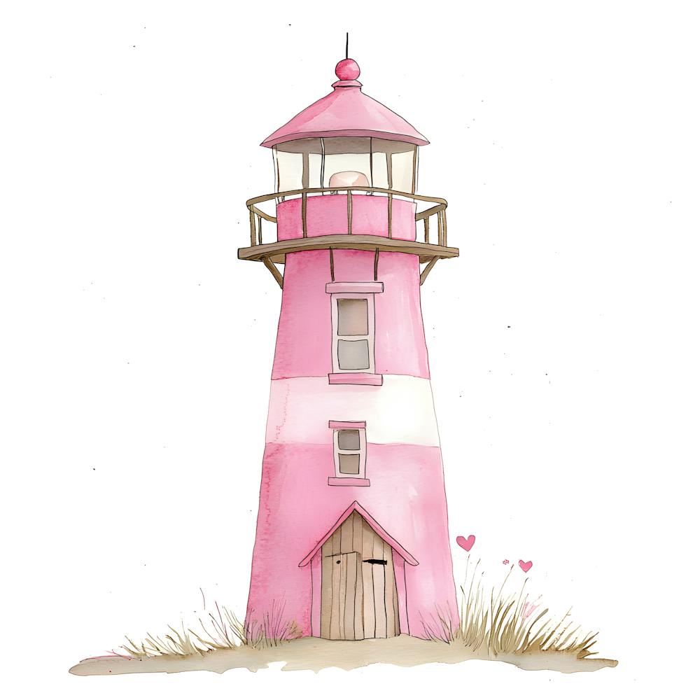 Pink Lighthouse Watercolor Print – Coastal Wall Art, Nautical Decor, Pastel Beach Illustration