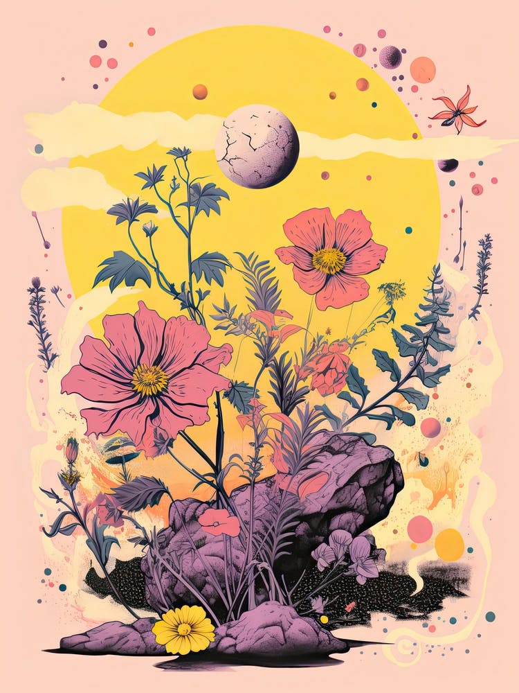 Abstract Landscape Risograph Style Flower Moon