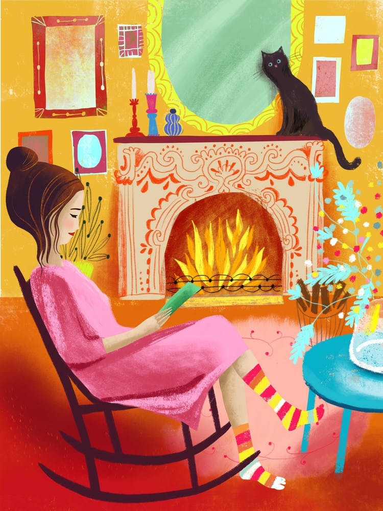 Reading In A Rocking Chair At The Fireplace
