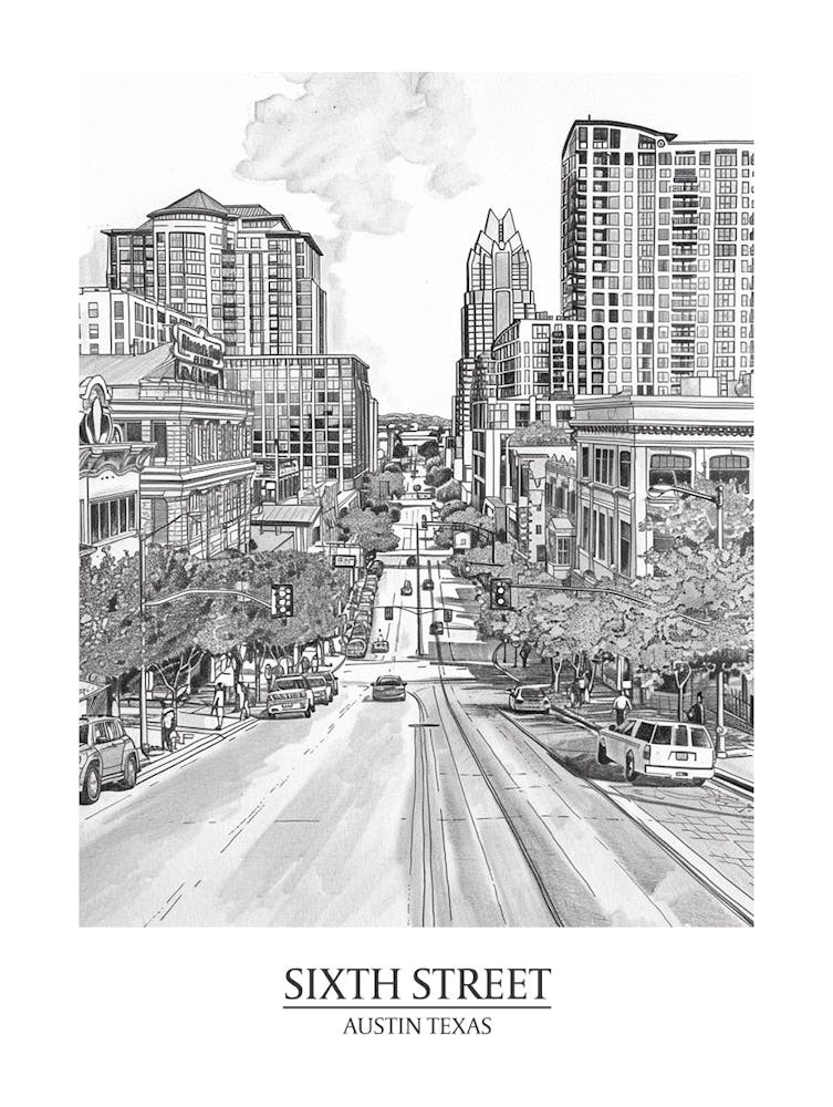 Sixth Street Austin Texas Black And White Drawing 1 Poster
