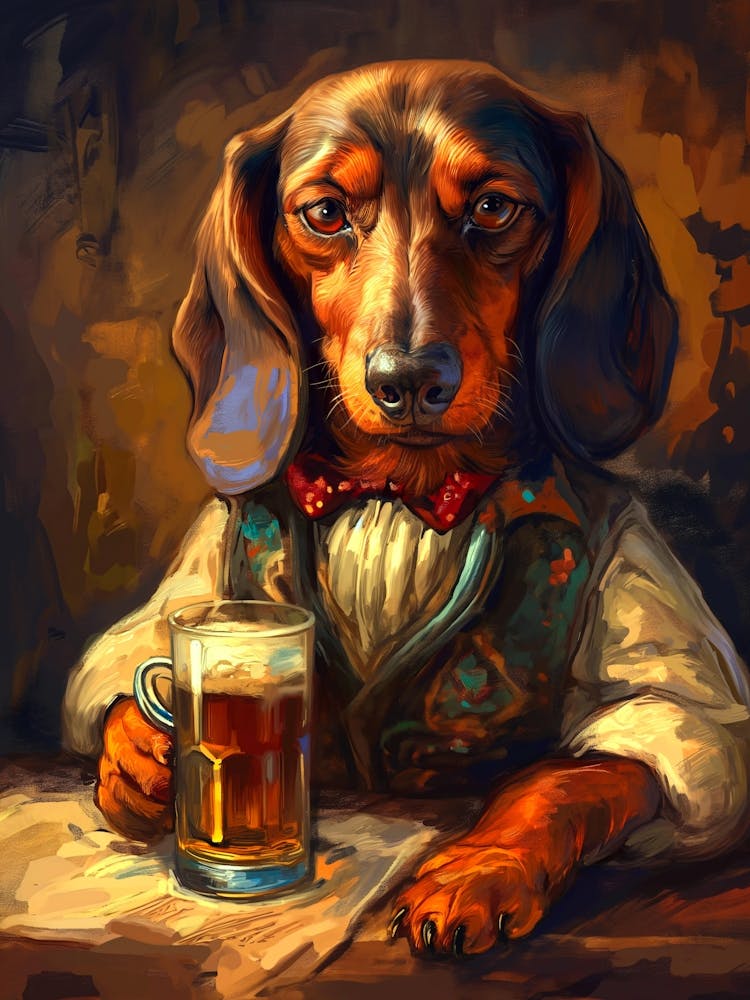Kakalotz Fancy Dachshund Drinking Beer In The Style Of Edgar J
