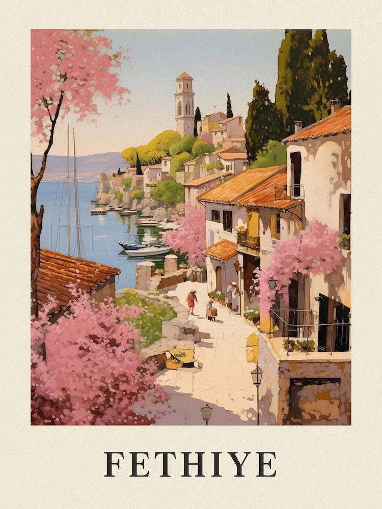 Fethiye Turkey 2 Vintage Pink Travel Illustration Poster