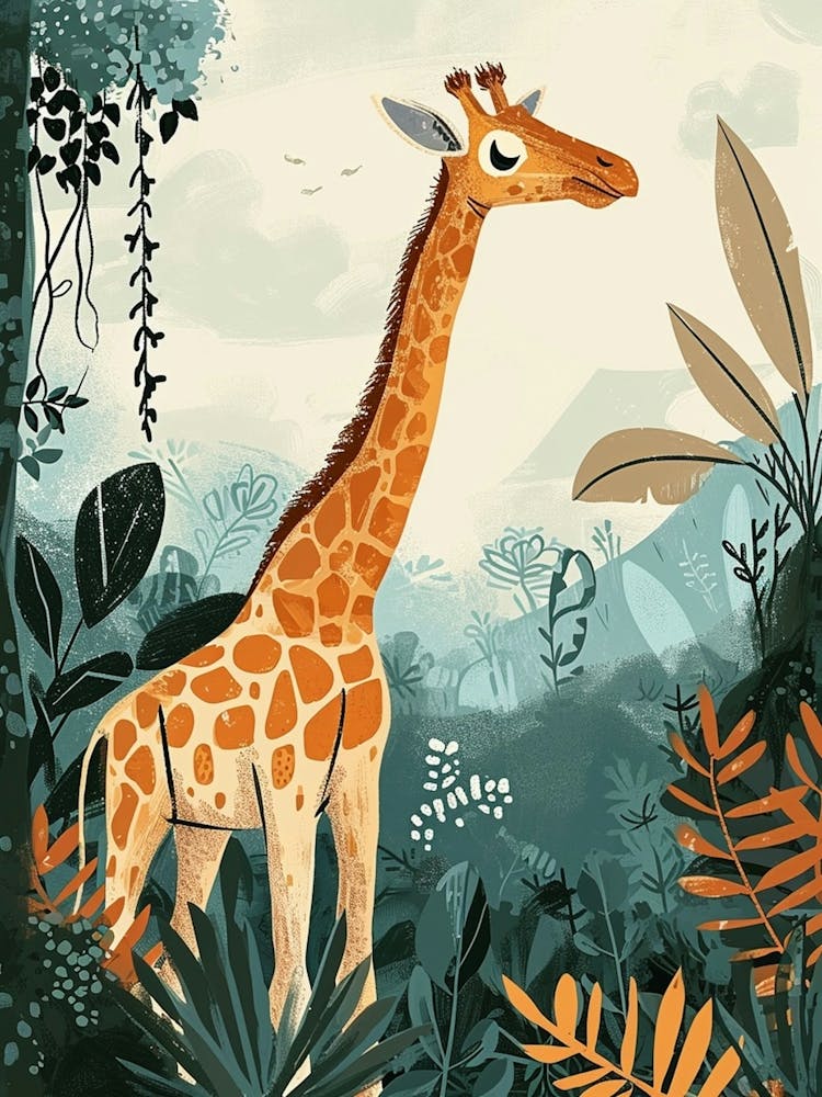 Illustration Moderne D'une Girafe Dans les Plantes 7