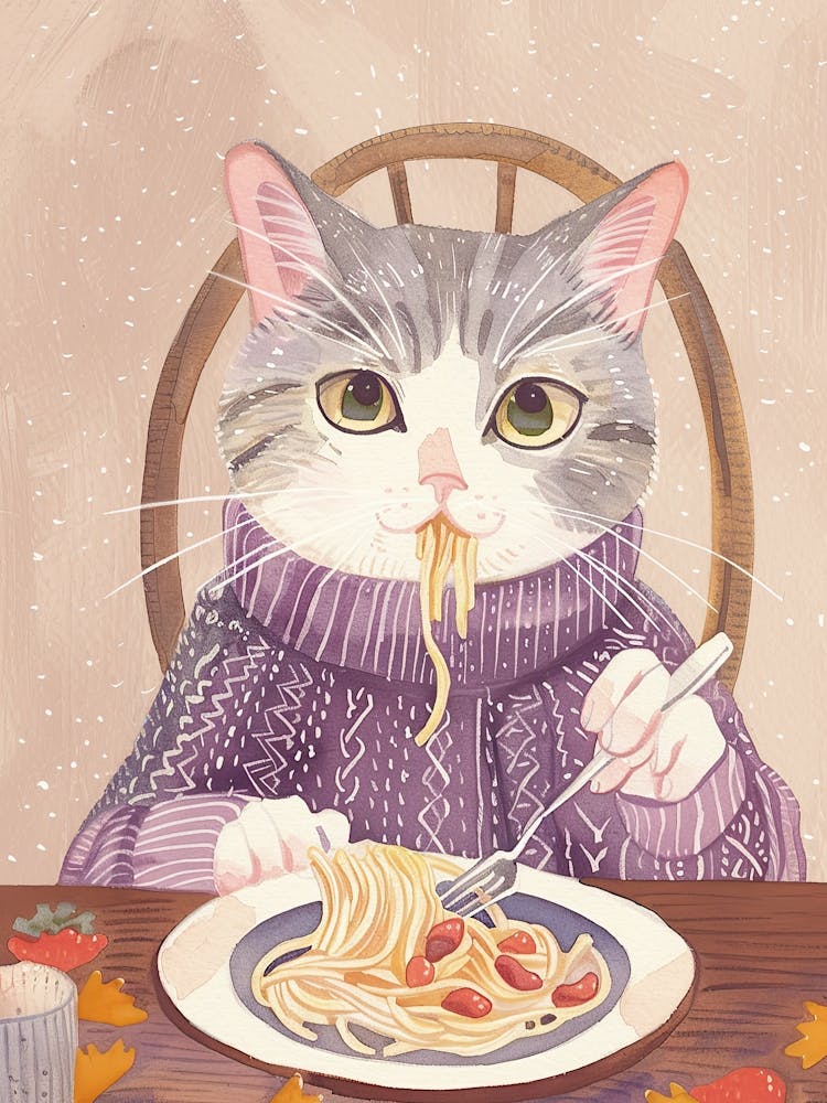 Grey White Cat Eating Pasta Folk Illustration 2