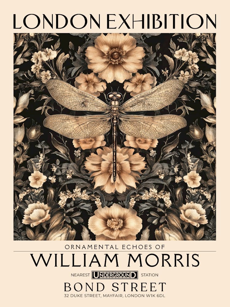 William Morris Libellule et œuvre florale aux tons terre chauds, motif insectes et fleurs bibliothèque dark academia, estampe botanique vintage, décor vintage salon, tapisserie florale art nature victorien 32