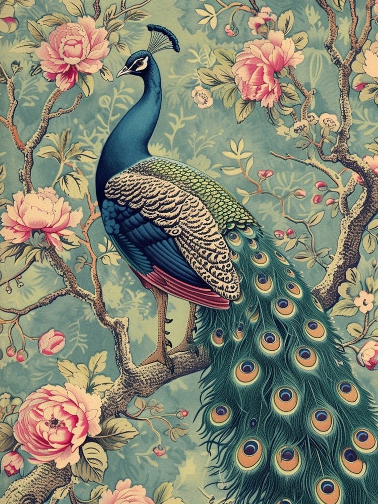 Chalk Blue Vintage Peacock Wallpaper 1