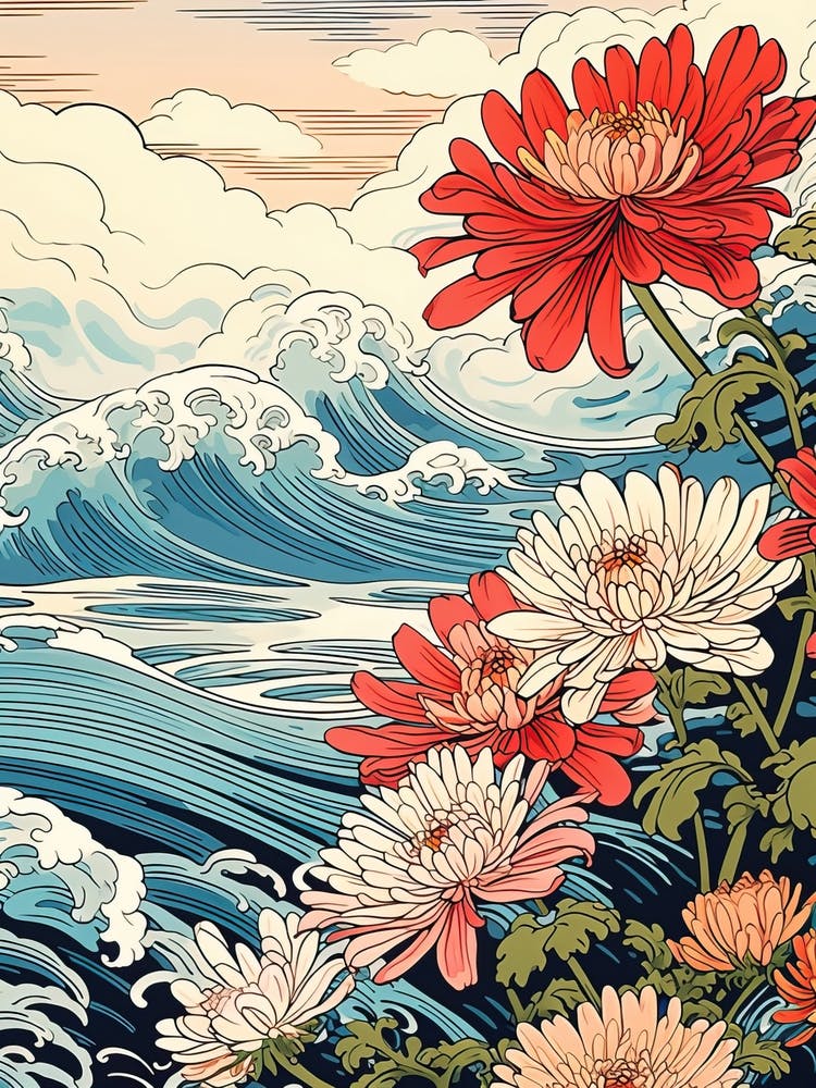 Great Wave With Dahlberg Daisy Flower Drawing In The Style Of Ukiyo E 3