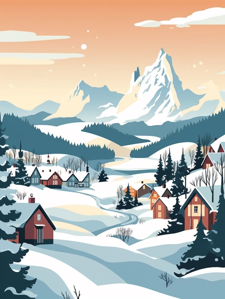 Vintage Winter Travel Illustration Lofoten Islands Norway 4