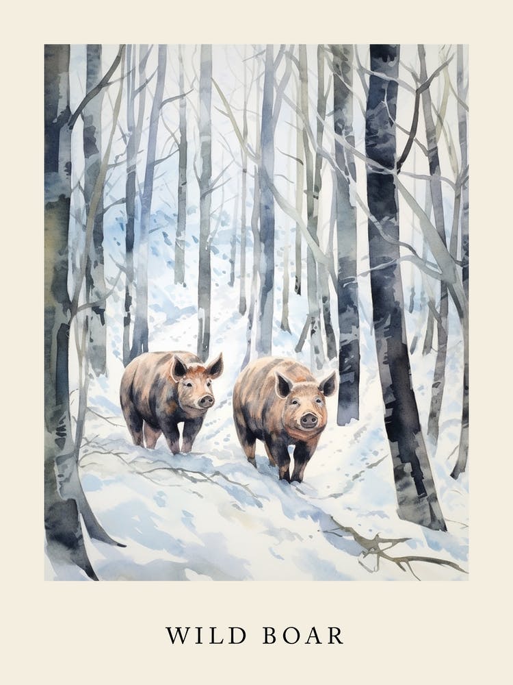 Winter Watercolour Wild Boar 1 Poster