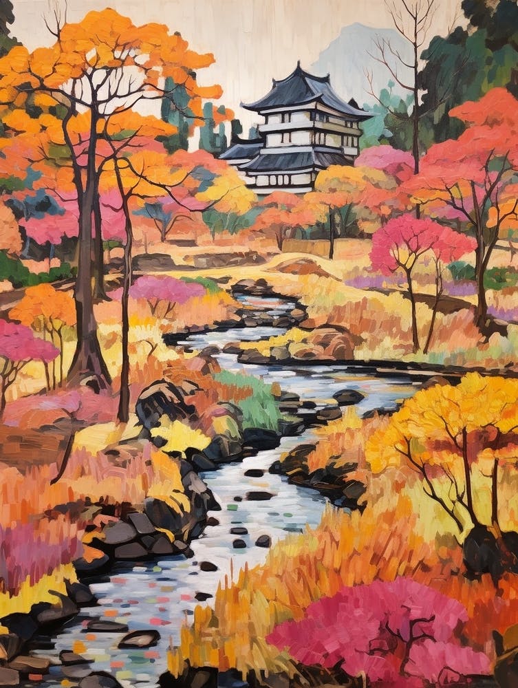 Autumn City Park Painting Kenrokuen Garden Kanazawa Japan 2