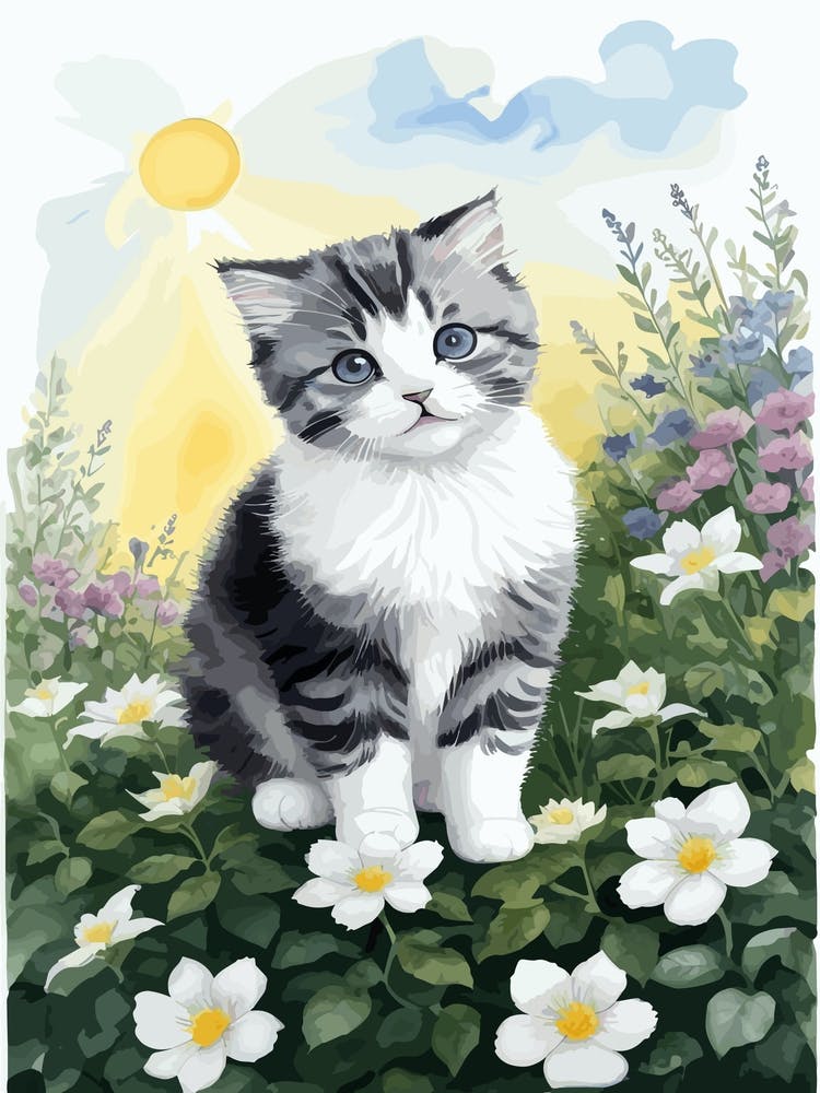 Cute Kitten And Flowers Watercolor 3