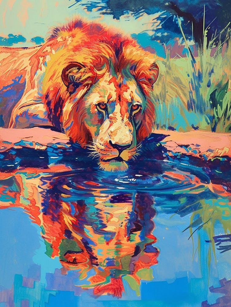 Masai Lion Drinking From A Watering Hole Fauvist Painting 3