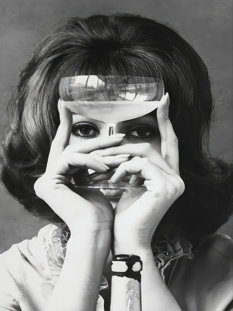 Woman Looking Through Wine Glass Wall Art, Black And White Print, Vintage Photo, Alcohol Poster, Retro Wall Decor, Bar Cart Print
