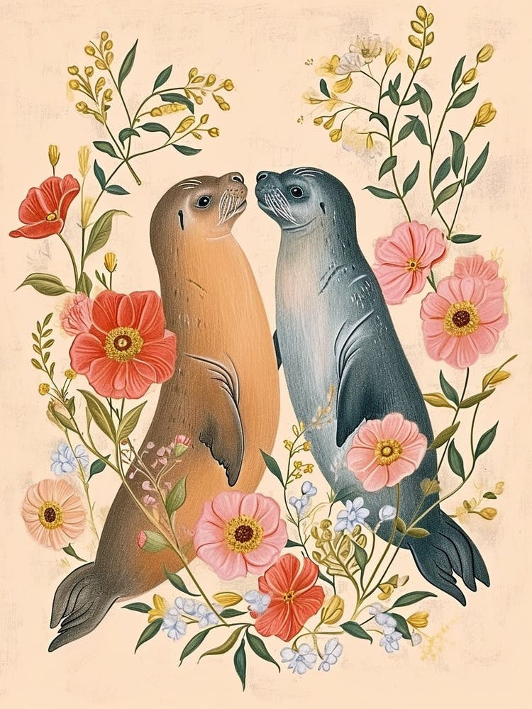 Folksy Floral Animal Drawing Seal 1