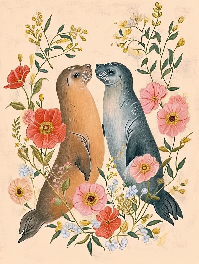 Folksy Floral Animal Drawing Seal 1