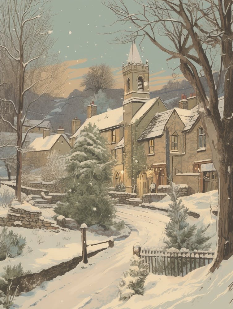Vintage Winter Illustration Cotswolds United Kingdom 5