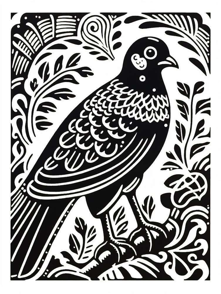 B&W Bird Linocut Pigeon 2
