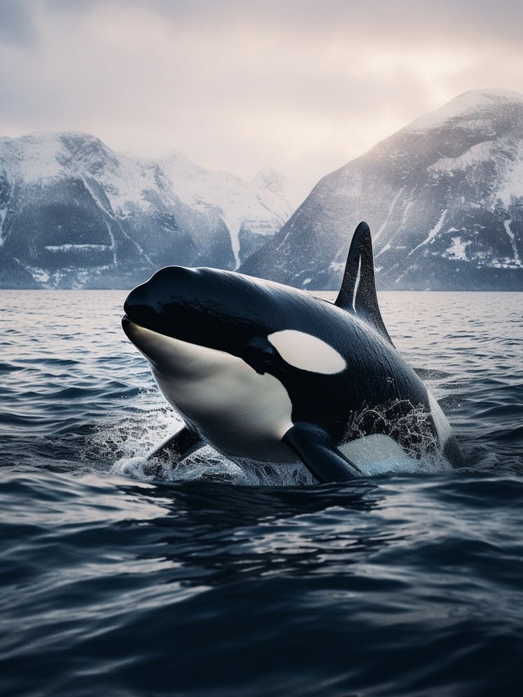Icy Realistic Photography Of Orca Whale, Moody Colour Scheme