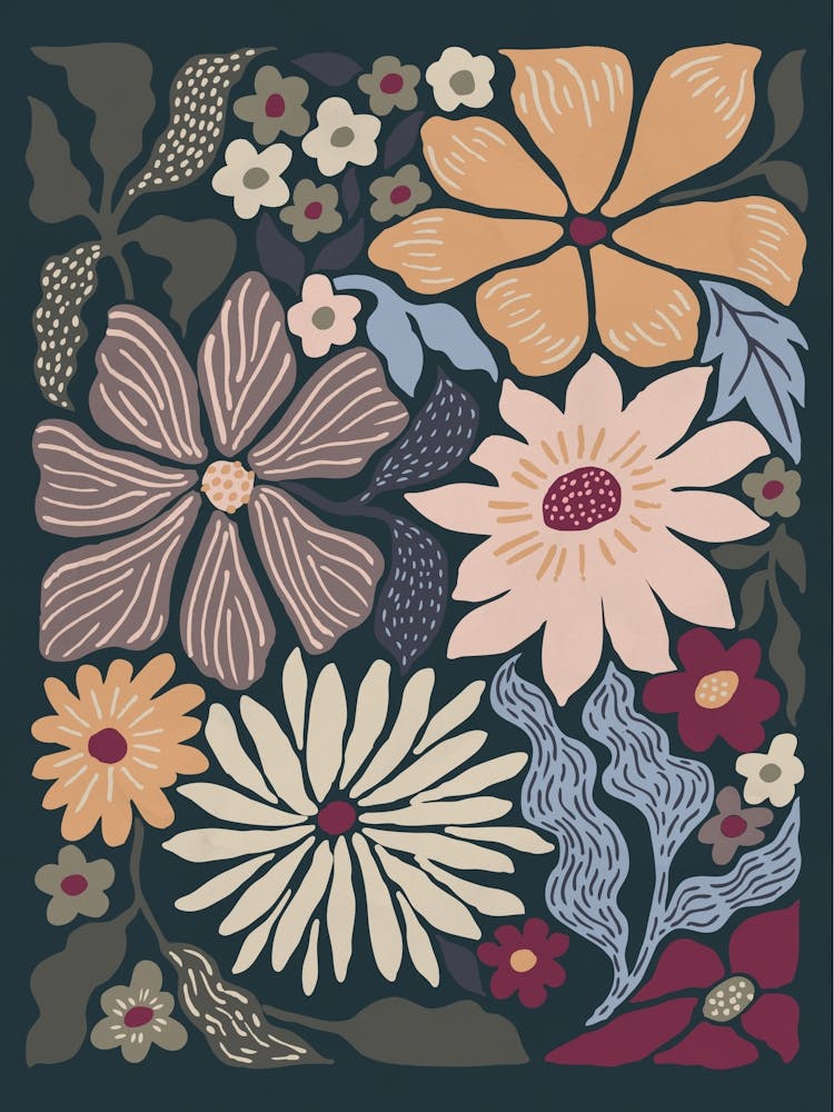 Boho Flowers On A Dark Blue Background