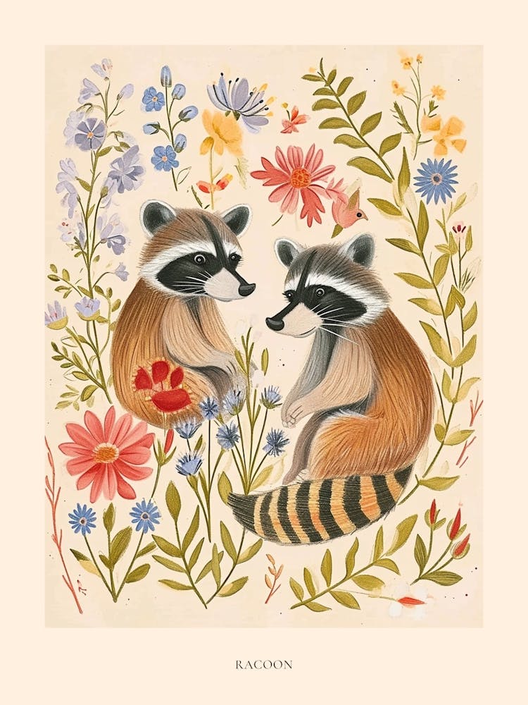Folksy Floral Animal Drawing Racoon 4 Poster
