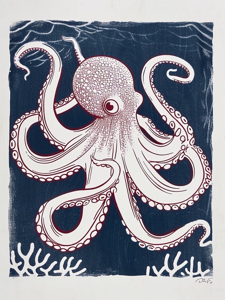 Octopus Linocut Style With Aqua Marine Plants 7