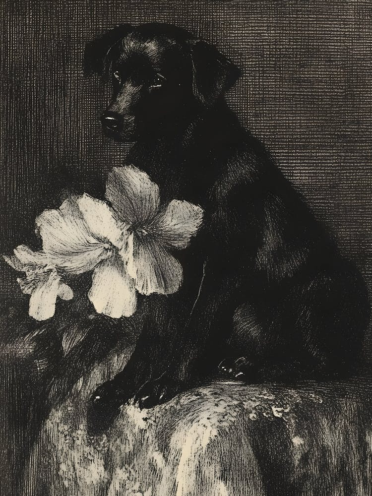 Black Dog With Flowers