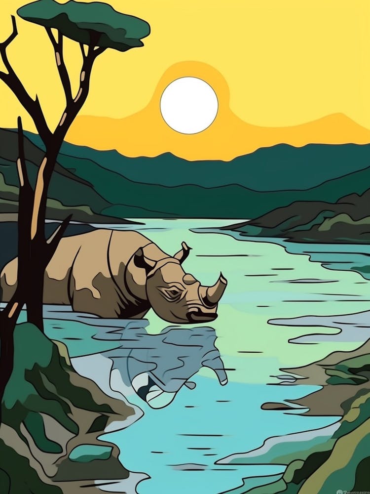 Rhino Bathing In The River Simple Illustration 3