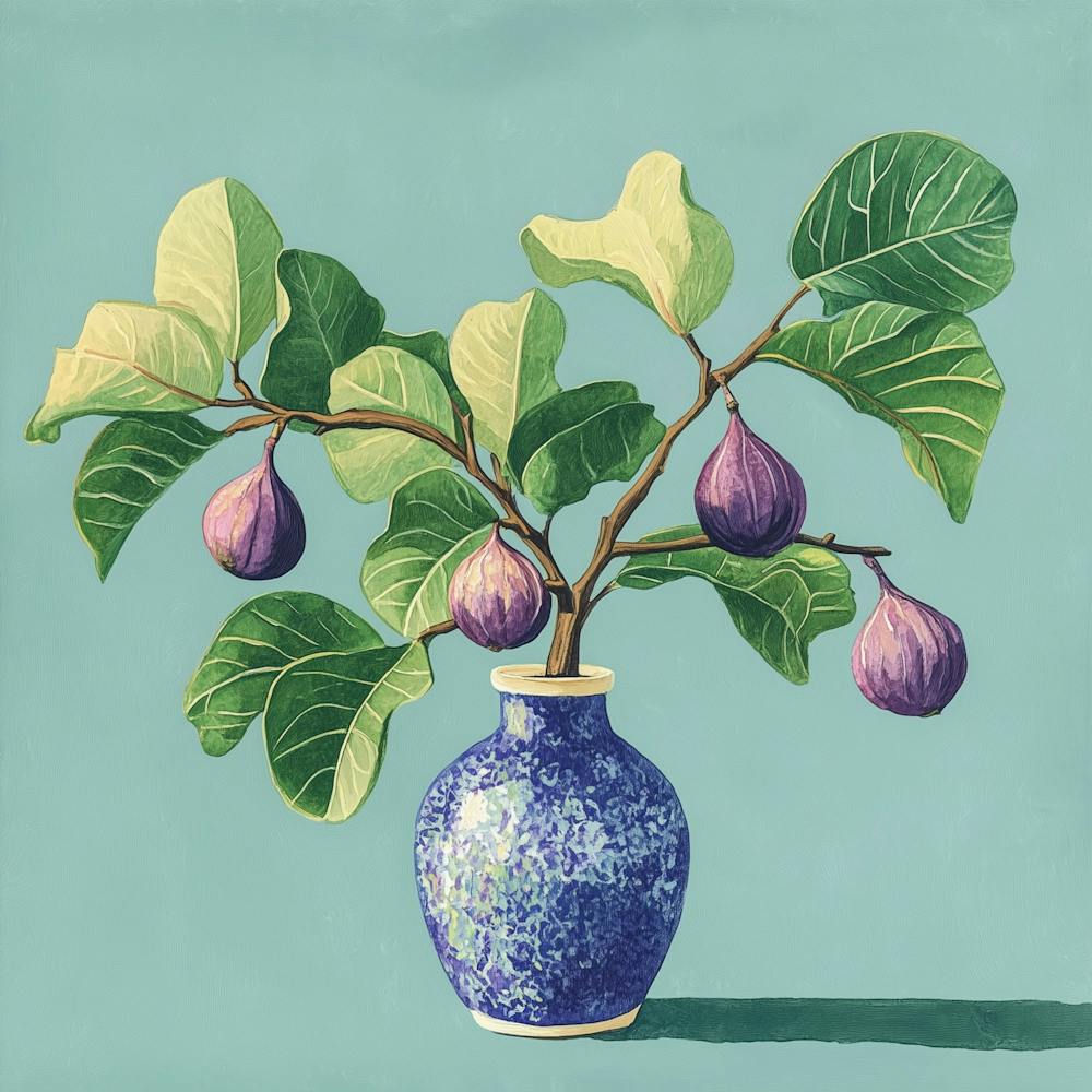 Feigenstrauch mit blauer Vase Malerei, Früchte Stilleben