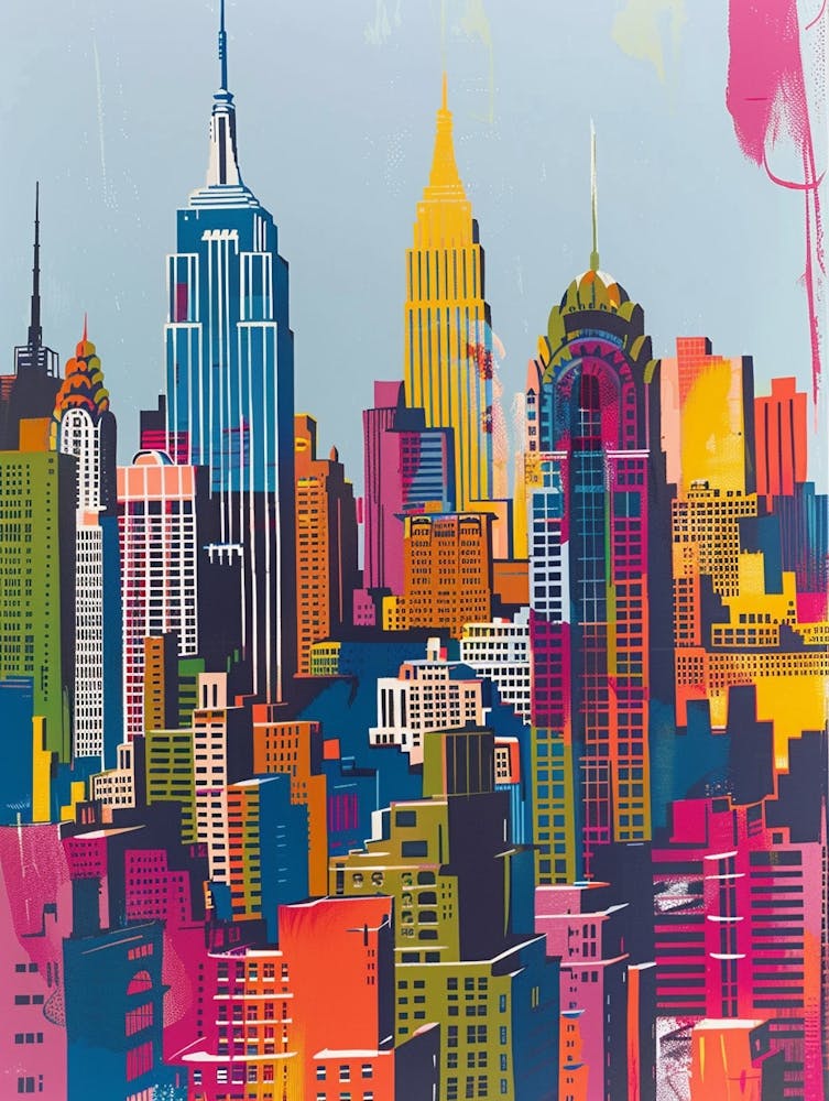 Manhattan Skyline New York Colourful Silkscreen Illustration 3