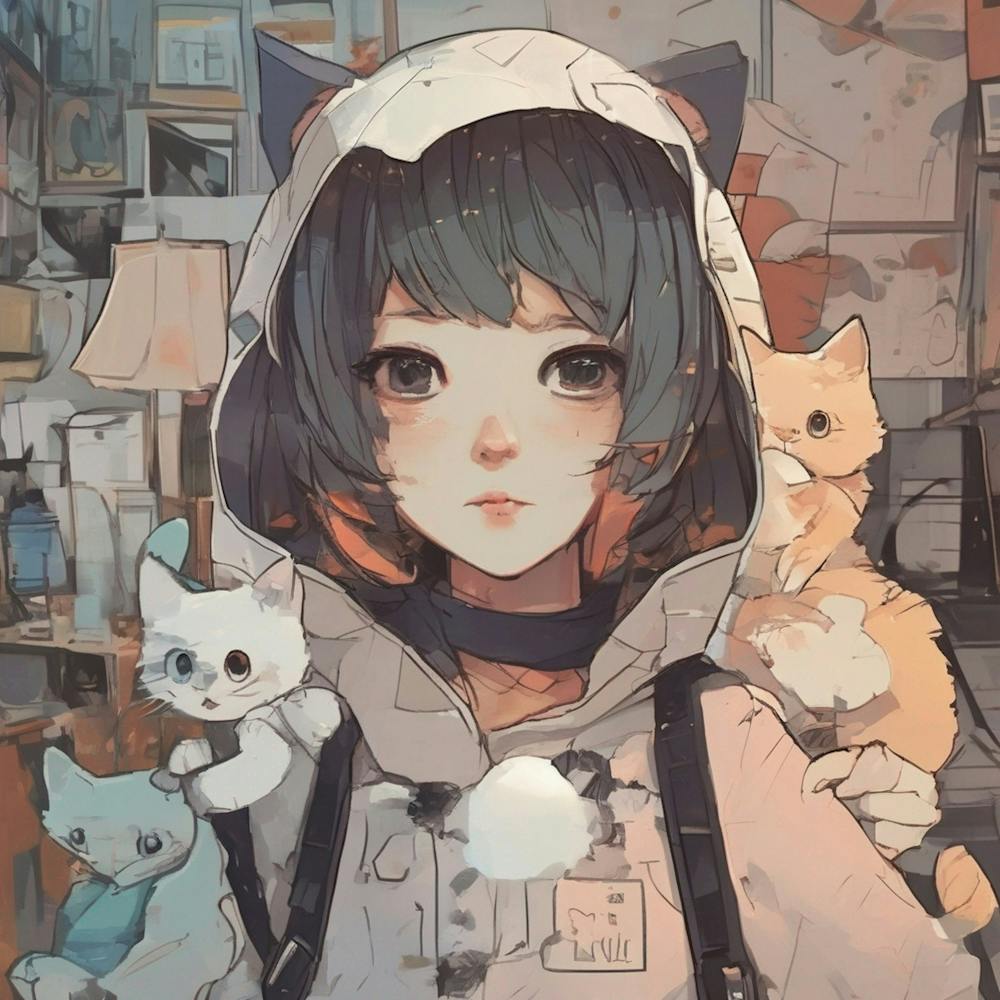 Anime Girl With Cats