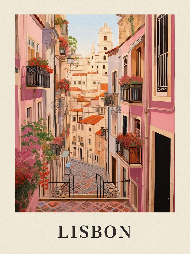 Lisbon Portugal 1 Vintage Pink Travel Illustration Poster