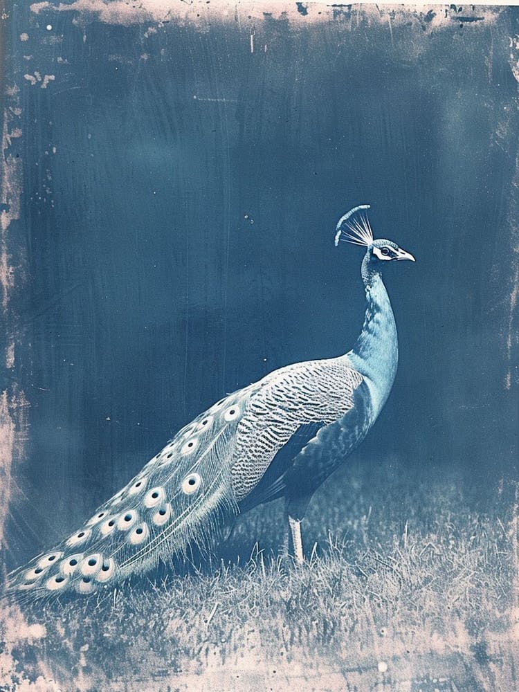 Blue Peacock In A Field Cyanotype Inspired