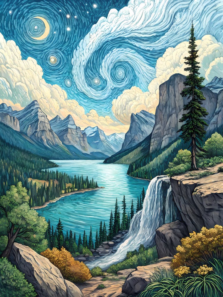 Breathtaking Mountain Lake and Waterfall Oil Painting Style