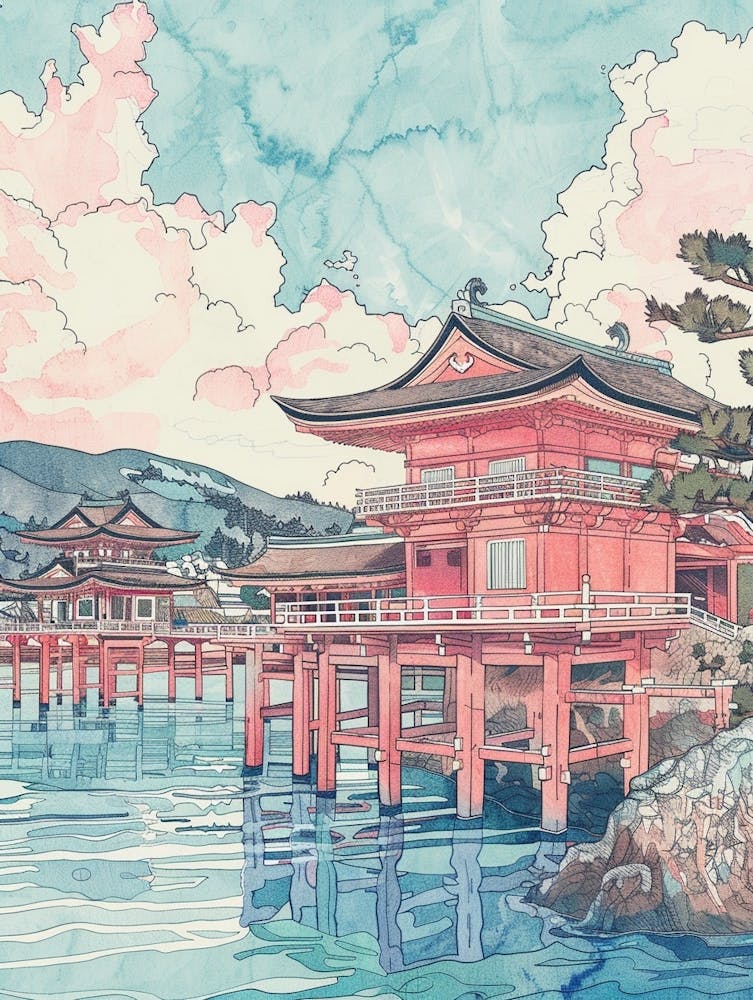 Miyajima Japan 5 Retro Illustration