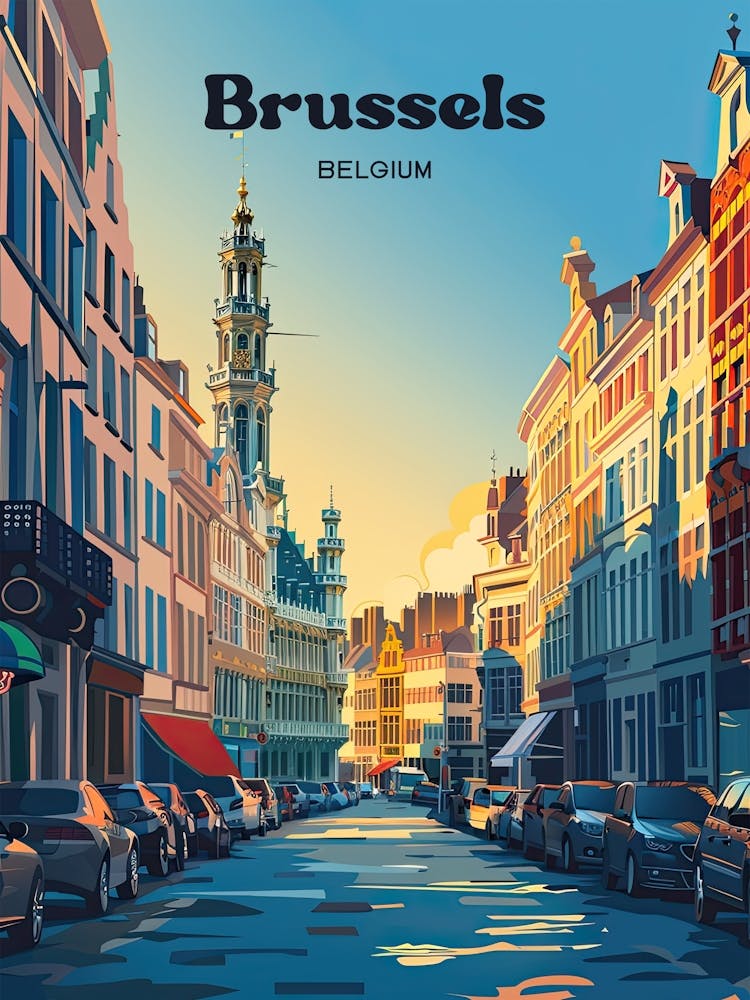 Brussels Belgium Sunset Travel Illustration