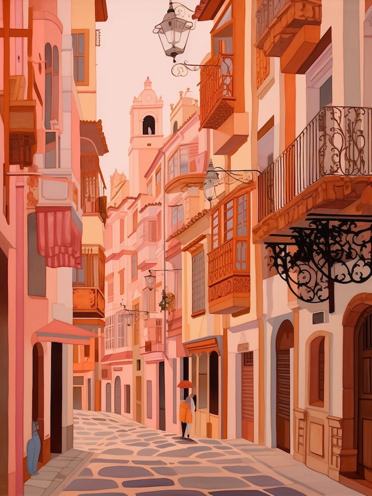 Cadiz Spain 2 Vintage Pink Travel Illustration
