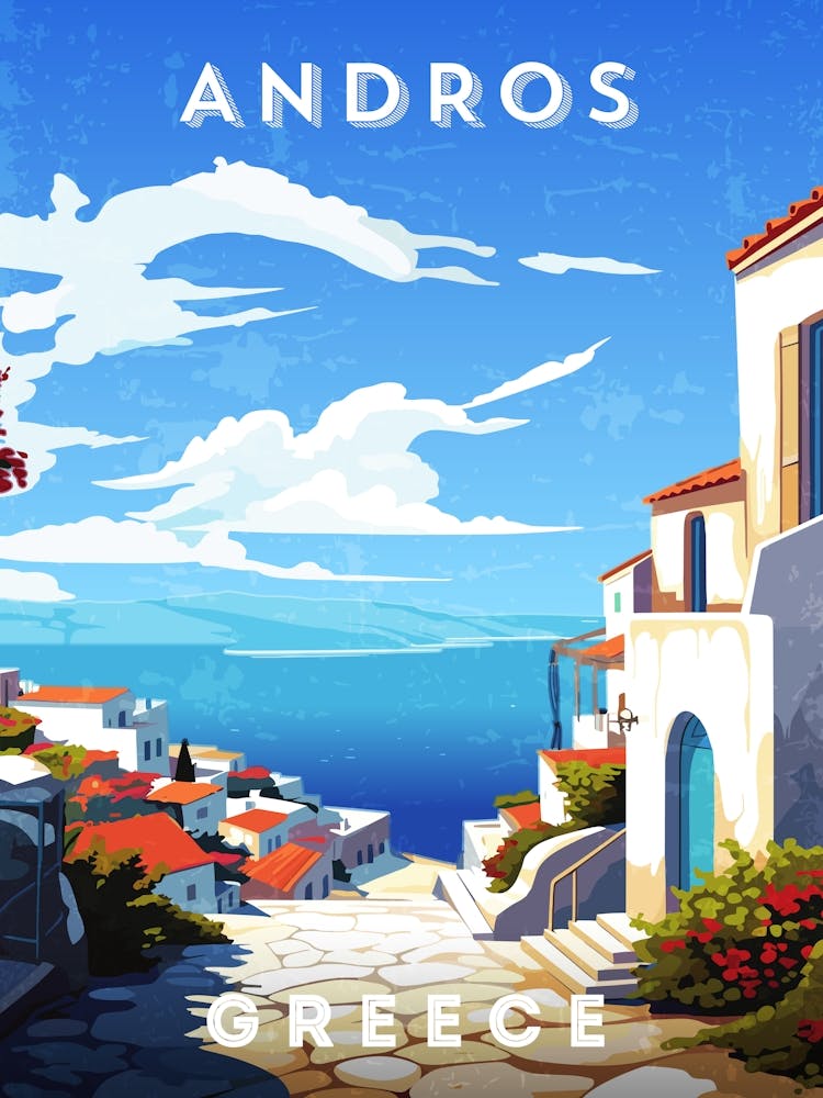 Greece, Andros — Retro travel minimalist poster, retro travel art, retro travel wall art, vector art