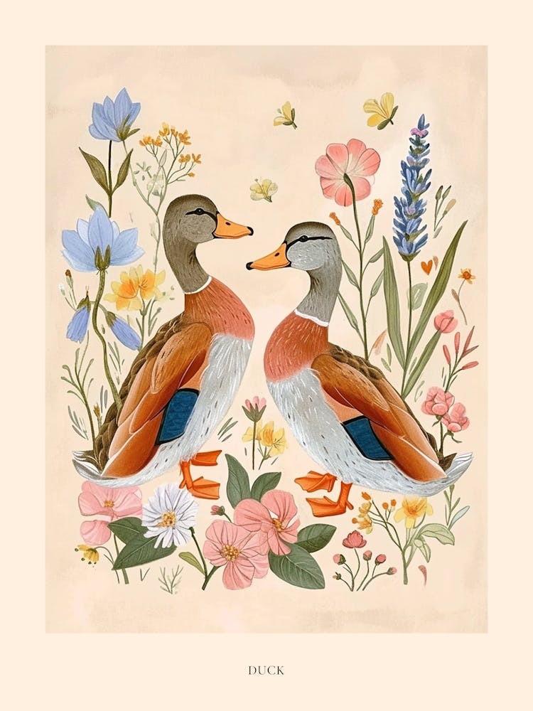 Folksy Floral Animal Drawing Duck 3 Poster