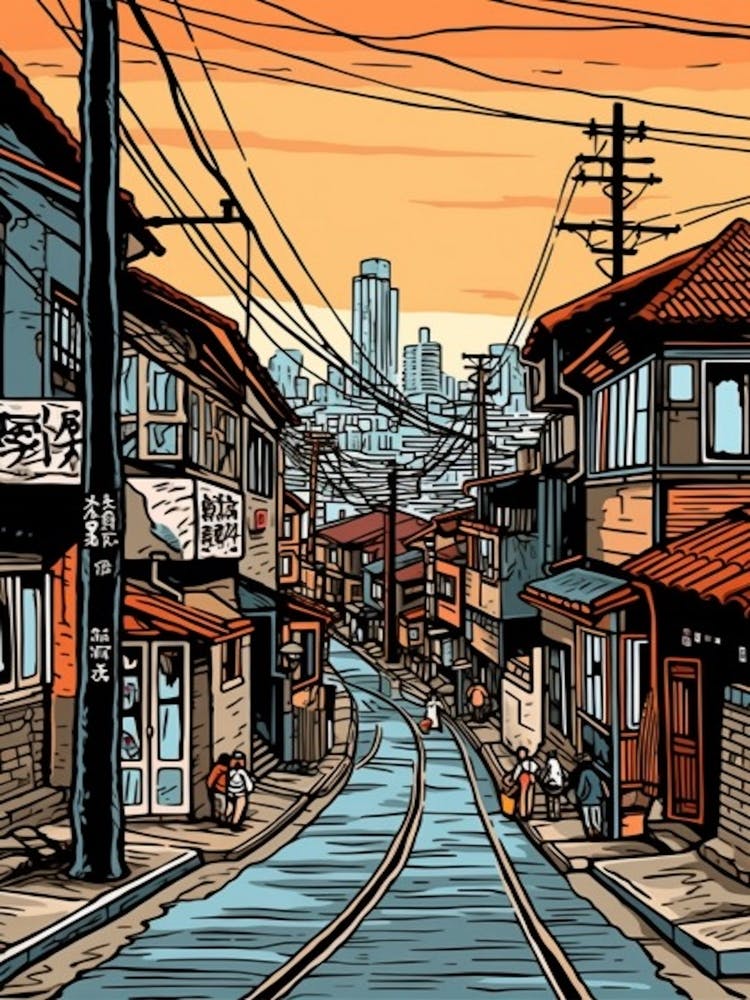 Painting Of Seoul South Korea In The Style Of Line Art 3